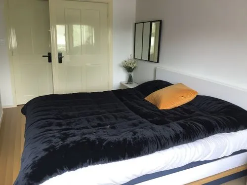 a big bed sitting up against a wall,guestroom,guest room,bedroomed,nettlebed,bedroom,featherbed,danish room,modern room,bedchamber,bedrooms,headboards,bedstead,bed linen,roominess,coverlet,appartment,