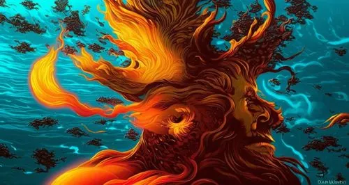 a digital illustration of an creature standing in the water,burning tree trunk,flame spirit,fire background,fire breathing dragon,pillar of fire,burning bush,Illustration,Realistic Fantasy,Realistic F