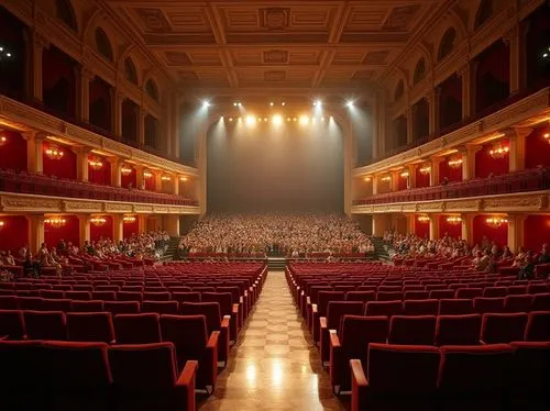 Amphitheater seating, curved rows, optimal viewing angles, stepped platforms, elevated stages, grand entrance archways, ornate metal railings, plush red velvet curtains, dramatic spotlights, warm gold