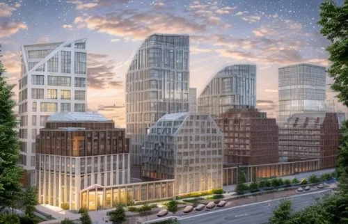 A starry summer night, clouds in the sky, a row of residential brick buildings with architectural lighting, surrounded by glass buildings with white stripes with architectural lightingglass buildings 