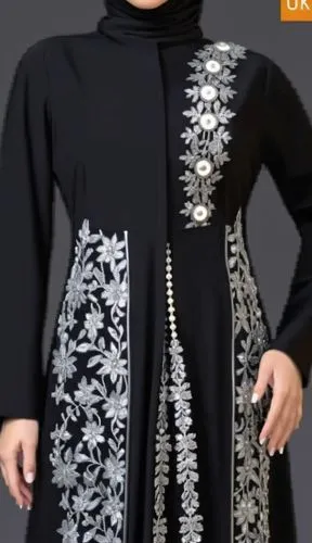 3d fashion drawing for long maxi black abaya for Muslim hijab  with silver embroidery with silver maxi ,an image of a woman wearing a black jacket and dress,abaya,abayas,nurhaliza,kurung,kurti,dress w