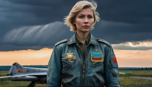 Ghost of Kyiv, Ukrainian female pilot, heroic pose, determined expression, short blonde hair, minimal makeup, worn leather jacket, Soviet-era flight suit, medals on chest, standing in front of a MiG-2