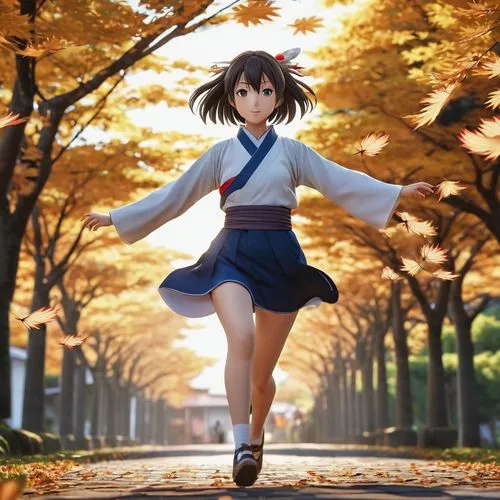 flying anime character,japanese style,girl,leaves,a woman wearing a dress is running through an autumn path,suzumiya,yuki nagato sos brigade,haruhi suzumiya sos brigade,clannad,haruhi,megumi,Photograp