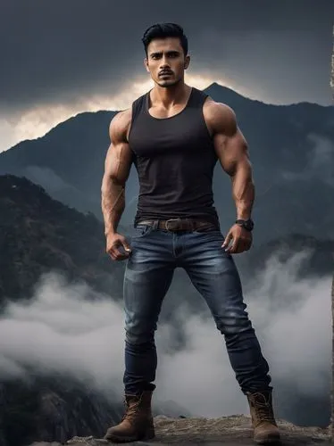 Muscular man, Masud Rana, 30yo, strong facial features, short black hair, piercing brown eyes, sharp jawline, athletic build, sleeveless shirt, ripped jeans, black boots, confident posture, standing, 