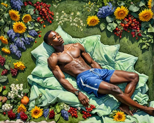 gardener,narcissus,narcissus of the poets,flower bed,flowerbed,blanket of flowers,garden of eden,floral composition,woman on bed,oil on canvas,floral,david bates,flower garden,bed in the cornfield,art,fine art,daffodils,album cover,flower blanket,oil painting on canvas,Illustration,Paper based,Paper Based 24