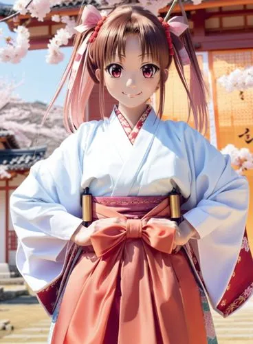 cosplay, girl, japanese clothes, solo, twintails, hands on hips, miko, hair ribbon,  hakama, pink hair, smile, brown hair, looking at viewer, red hakama, ,a doll dressed in pink is posing for the came