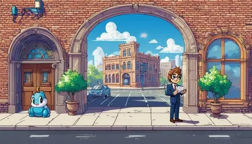 game illustration,layton,stationmaster,street scene,background image,mytown,background design,rescue alley,scummvm,arcade,android game,city buildings,apartment building,wild west hotel,apartment house,business district,brick background,blue doors,storefronts,shopping street,Unique,Pixel,Pixel 02