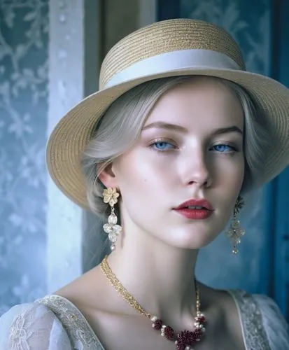 Close-up portrait of a young woman with striking features, displaying a thoughtful or introspective expression. Her face is highlighted by bright blue eyes, red lipstick, and delicate freckles dusting