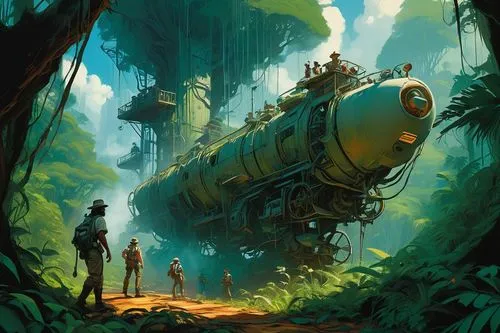 explorers,ghibli,studio ghibli,travelers,sci fiction illustration,forest workers,train route,the train,caravan,green train,eisenbahn,exploration,commuters,traveller,to explore,kashyyyk,adventurers,traveler,ecotopia,travellers