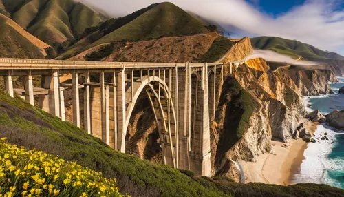 Bixby Creek Bridge is one of the highlights of Highway 1 that runs through the Big Sur in California.,bixby bridge,bixby creek bridge,pacific coast highway,highway 1,rainbow bridge,golden bridge,pacif