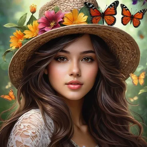 butterfly background,boho art style,beautiful girl with flowers,tiger lily,girl wearing hat,autumn background,Conceptual Art,Fantasy,Fantasy 16