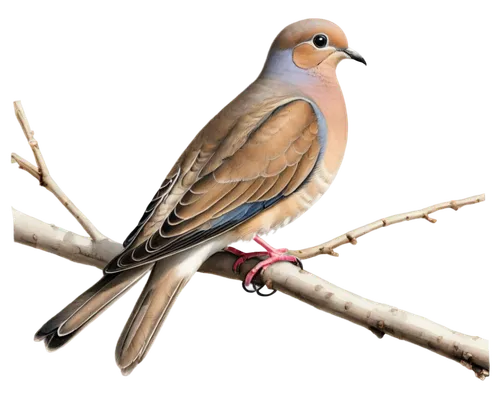 mourning dove, solitary, perched on branch, grey brown feathers, black neck spot, slender body, sad eyes, gentle expression, morning dew, soft sunlight filtering through leaves, 3/4 composition, shall