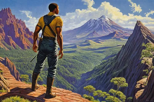 yellow mountains,mountain scene,nature and man,towards the top of man,the spirit of the mountains,arête,zion,mountainous landscape,the landscape of the mountains,mountain world,mountain landscape,high landscape,mountain guide,high mountains,mountainous landforms,mountains,world digital painting,pachamama,giant mountains,travel poster,Illustration,Retro,Retro 14