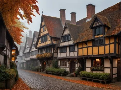 half-timbered houses,medieval street,timbered,half-timbered house,agecroft,townscapes,tudor,half timbered,knight village,medieval town,wooden houses,timber framed building,ightham,canterbury,townhouses,alsace,houses silhouette,cecilienhof,beautiful buildings,inglaterra,Art,Classical Oil Painting,Classical Oil Painting 25