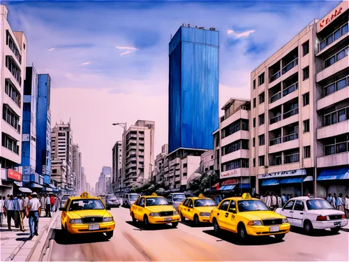 Karachi city, urban landscape, modern architecture, skyscrapers, busy streets, crowded intersections, yellow cabs, motorbikes, pedestrians, warm sunny day, clear blue sky, 3/4 composition, shallow dep