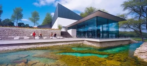 RIO DE AGUA AZUL Y CRISTALINA CON PIEDRAS 
,people walking around in front of the water,futuristic art museum,aqua studio,acquarium,epfl,thermal spring,adjaye