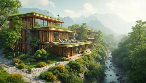 tree house hotel,tigers nest,rivendell,fallingwater,house in the mountains,house in mountains,treehouses,ecotopia,tree house,forest house,mountain settlement,kunplome,shambhala,cliffside,building valley,asian architecture,house in the forest,treehouse,floating islands,3d rendering,Photography,General,Realistic