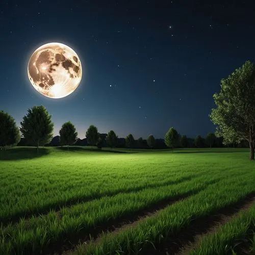 arafed field of green grass with a full moon in the sky, nighttime nature landscape, beautiful moonlight night, moonlit nightscape, moonlit night dreamy atmosphere, moonlit sky, moonlit night, night l