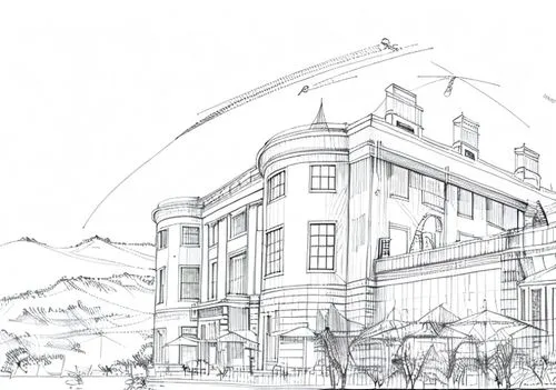 gleneagles hotel,house drawing,balmoral hotel,athenaeum,philharmonic hall,line drawing,facade painting,hand-drawn illustration,grand hotel,athens art school,bad ems,villa balbianello,kylemore abbey,ca