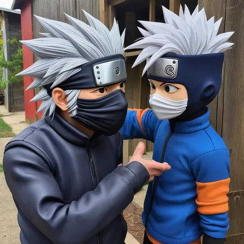 kakashi hatake,naruto,ninjas,iaijutsu,ninjutsu,father-son,ninja,shinobi,cartoon ninja,wearing a mandatory mask,shinkiari,bird box,protective mask,dad and son,father son,halloween costumes,fist bump,my hero academia,dad and son outside,sakana,Illustration,Realistic Fantasy,Realistic Fantasy 18