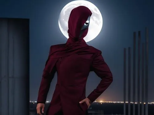 Deceptor wearing a long dark maroon scarf under his nose covering his lower face and dark maroon suit stands in the full moon night in front of an under construction building,lenderman,dark suit,deriv