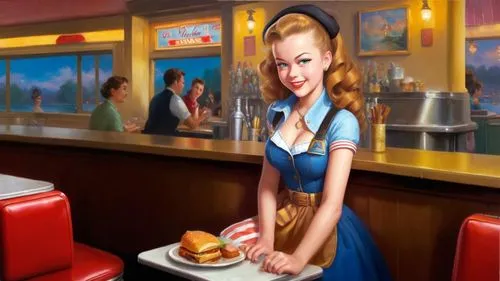 Romantic kitsch masterpiece oil painting, cute waitress girl portrait, 1 girl, classic 1950's style diner, nostalgic retro American vintage scenery, by Thomas Kinkade, high res,retro diner,waitress,st