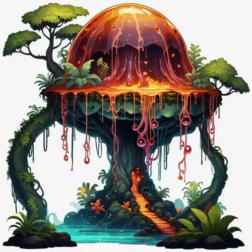 tree mushroom,mushroom island,mushroom landscape,forest mushroom,mushroom type,red mushroom,Illustration,Abstract Fantasy,Abstract Fantasy 11