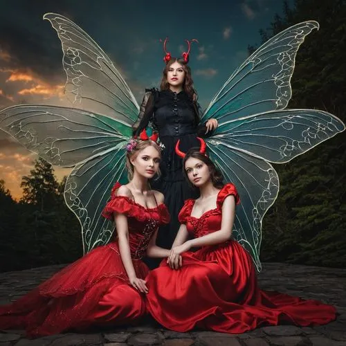 a young beautiful fairy and devil ,angels of the apocalypse,damsels,enchanters,butterfly dolls,faery,rasputina,sirenia,fairies,red butterfly,angel and devil,fairies aloft,angels,epica,evil fairy,chris