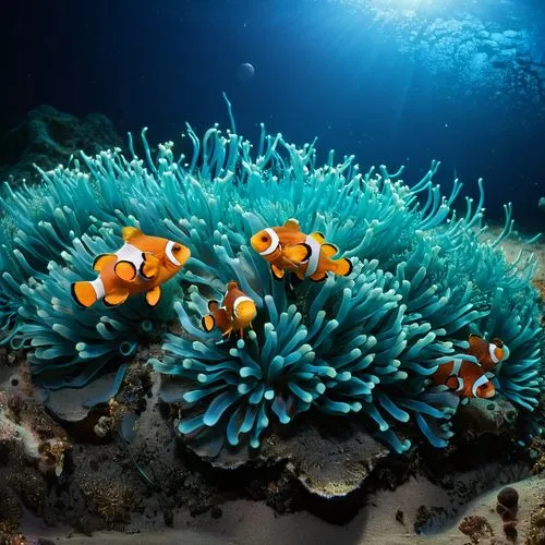 macrophotograph, beautiful bioluminescent blue glow quantum  sea anemones on the moon, clown fish, natural lighting, light-focused, amateur shot,anemonefish,anemone fish,sea anemones,blue anemones,bal