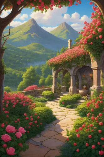 rose arch,landscape rose,fantasy landscape,home landscape,way of the roses,flower garden,springtime background,landscape background,dandelion hall,floral greeting,blooming roses,spring background,rose garden,beauty scene,wreath of flowers,splendor of flowers,rosebushes,mushroom landscape,flower background,romantic rose,Illustration,Children,Children 01