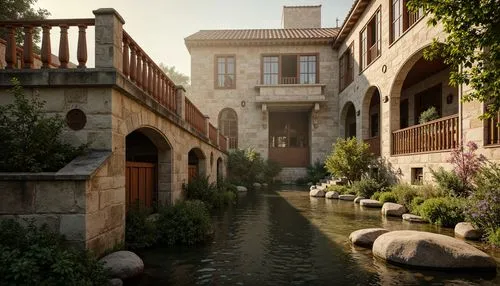 Rustic stone bridges, ornate balustrades, weathered wooden railings, warm beige stonework, earthy red brick arches, moss-covered piers, soft golden lighting, misty atmospheric effects, serene river wa