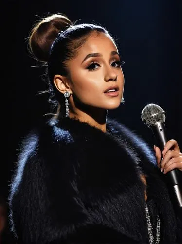 fur,sweetener,fur coat,queen,queen bee,earrings,performing,choker,pony tail,ponytail,mic,aging icon,a woman,earring,pony tails,princess' earring,wireless microphone,jaw,ears,earpieces,Conceptual Art,Graffiti Art,Graffiti Art 02