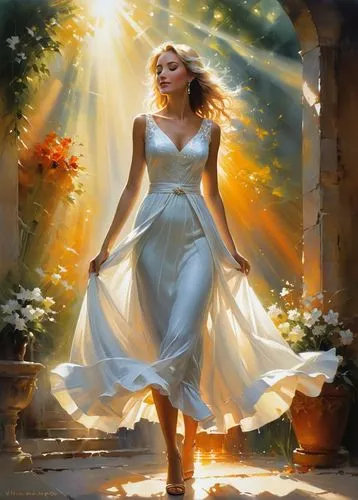 sun bride,holy spirit,purity,celtic woman,gracefulness,guiding light,light bearer,enchantment,fantasy picture,mystical portrait of a girl,exalted,exalting,jessamine,radiance,worshiper,anointing,romantic portrait,inner light,the bride,the pillar of light,Conceptual Art,Oil color,Oil Color 03