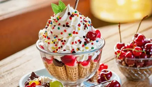 Summer dessert, colorful sundae, hot fudge, creamy vanilla ice cream, whipped cream, cherry on top, sprinkles, waffle cone, wooden table, vintage diner, 50s style, warm lighting, shallow depth of fiel