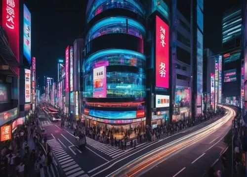 Stufish Entertainment Architecture, colorful LED lights, futuristic curved lines, massive glass windows, sleek metallic exterior, neon-lit billboards, vibrant evening atmosphere, Tokyo cityscape, bust