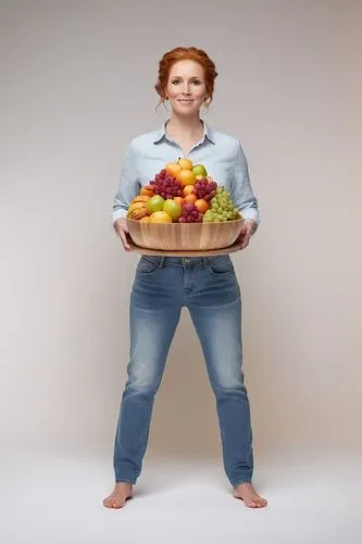 A woman holding a fruit platter, wearing jeans, bare feet, gradient gray and white background, ginger hair,a woman standing with a wooden tray of assorted fruit,orthorexia,woman eating apple,nutrition