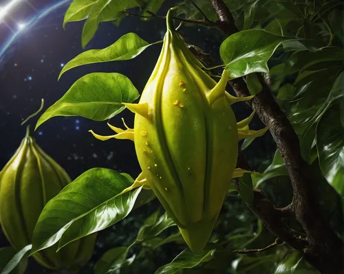 In a sci-fi story, feature star fruit as an otherworldly energy source.,star fruit,starfruit plant,starfruit,carambola,ylang-ylang,banana plant,banana tree,saba banana,ripe bananas,cocoa beans,jackfru