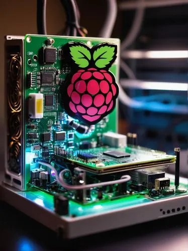 Raspberry Pi, futuristic, sleek design, metallic body, tiny LED lights, intricate circuit boards, CPU, GPU, RAM, microSD card slot, USB ports, HDMI port, Ethernet port, compact size, modern laboratory