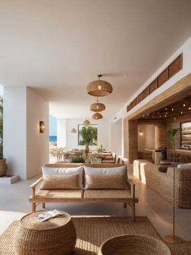 indoor coffe shop, mediterranean coastal style, lounge sitting areas, sunrise mood, natural materials, woven light fixtures, white ceilings,hyper realistic photo, interor design magazine photo,a spaci