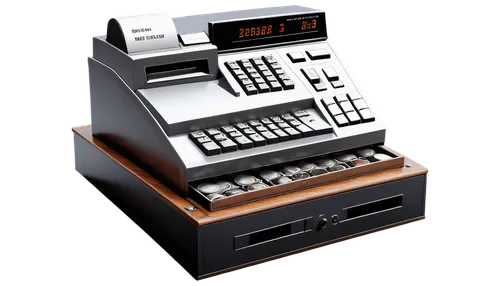 Metal cash register, open drawer, shiny surface, detailed buttons, LED display, coin slots, bill compartment, wooden countertop, morning light, realistic texture, shallow depth of field, cinematic com