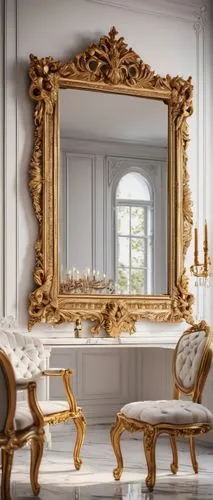 luxurious mirror, ornate golden frame, intricate carvings, modern minimalist interior, Scandinavian style, white walls, marble floors, crystal chandelier, elegant makeup station, softbox lighting, 3/4