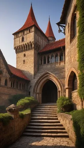 Tartarian architecture, Wikipedia, historical building, medieval style, stone walls, ornate carvings, grand entrance, Gothic windows, pointed arches, ribbed vaults, intricate stonework, red-tiled roof