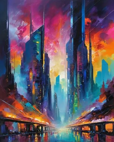 futuristic landscape,cityscape,colorful city,metropolis,kinkade,city skyline,fantasy city,jablonsky,cybercity,digitalism,world digital painting,skyscrapers,kaleidoscape,sky city,city cities,atmospheres,cyberpunk,megalopolis,coruscant,dystopias,Conceptual Art,Oil color,Oil Color 20