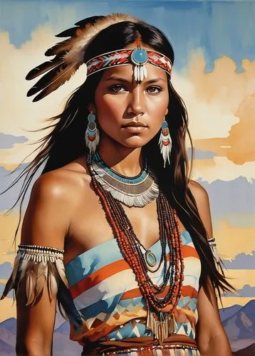 A captivating watercolor and oil painting portrait of a young Native American woman exudes modernistic Indian influences. She wears a bold, boho chic dress adorned with intricate feather patterns, bea