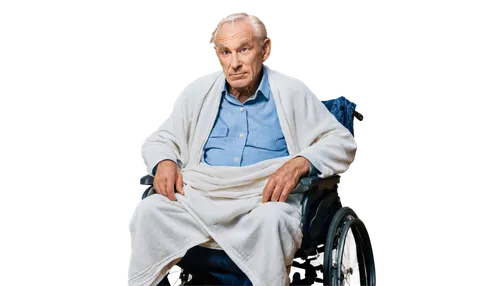 Old, senior, male, diaper, wrinkled skin, white hair, balding, aged face, gentle eyes, thin lips, frail body, sitting on wheelchair, soft blankets, warm lighting, shallow depth of field, cinematic com