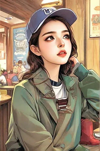 clementine,woman at cafe,girl wearing hat,girl with speech bubble,game illustration,girl studying,songpyeon,baseball cap,dipper,korea,korean drama,korean,background image,the girl at the station,anime