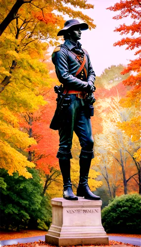 Historic Lexington Minuteman statue, Concord Bridge, American Revolution theme, autumn foliage, scenic Massachusetts landscape, warm sunlight, 3/4 composition, soft focus, vintage color tone, watercol