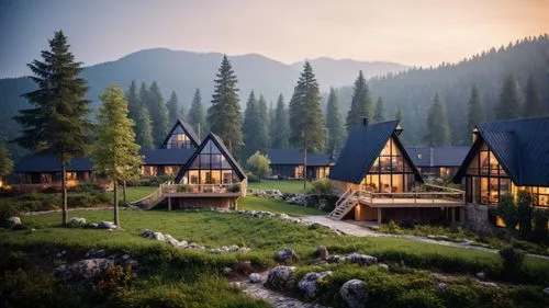 three wooden houses with a lawn, trees and green grass,house in the mountains,mountain huts,the cabin in the mountains,house in mountains,alpine village,mountain settlement,log home,lodges,chalet,wood