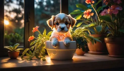 beagle,cute puppy,flowerpot,flower pot,cavalier king charles spaniel,basset,Photography,Artistic Photography,Artistic Photography 02