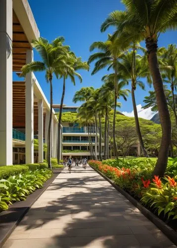 University of Hawaii at Manoa campus, tropical architecture, modern buildings, white walls, large windows, sloping roofs, palm trees surrounding, lush greenery, vibrant flowers, sunny day, blue sky wi